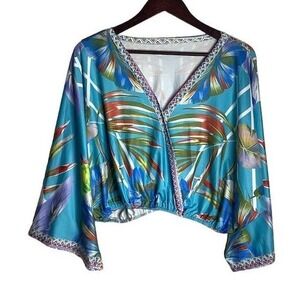 Womens Tropical Print Kimono Blouse Boho Batwing Sleeve Cropped Top